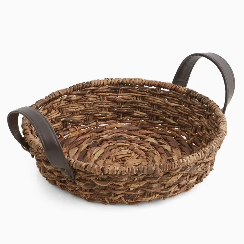 Woodard & Charles The Abaca Round Tapered Serving Tray with Leather Handles